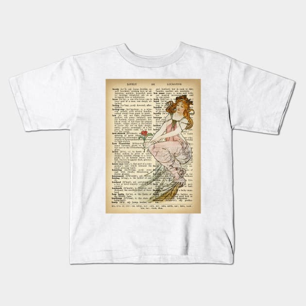 "Painting" in old book page - Mucha Kids T-Shirt by ritta1310